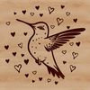 A detailed illustration of a hummingbird in mid-flight, surrounded by love hearts.