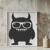 A cartoon monster character wearing glasses and smiling, suitable for Halloween-themed designs.