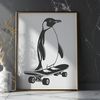 Colorful Cartoon Penguin on Skateboard SVG A cartoon penguin standing on a skateboard, created as a vector graphic design.