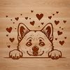 Cute Shiba Inu with Heart Fur A playful Shiba Inu dog with hearts in its fur is peeking out from behind something.