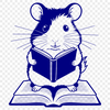 Whimsical Hamster Reading Nook A small, furry animal with a book in its paws, sitting on a table or desk.