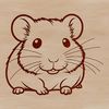A small, furry hamster sits in a wheel, surrounded by a simple border.