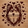 Love Heart Adorned Sheltie Portrait A stylized illustration of a Shetland Sheepdog's head with love hearts surrounding its features.