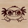 A cartoon axolotl peeking out from behind a book, wearing glasses in a playful and curious pose.