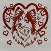 Loyal Canine Companion with Love A loyal Shetland sheepdog with love hearts surrounding its head.