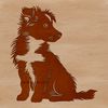 A small dog with long fur sits on the ground, depicted in a simple yet detailed vector style.