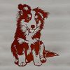 A vector illustration of a Shetland sheepdog sitting on the ground with its head up.