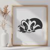 Close-up illustration of a wild skunk peeking out from behind a tree.