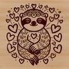 SVG illustration of a sloth with love hearts surrounding its body.