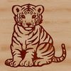 A stylized illustration of a tiger in a sitting position.