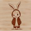 A cartoon rabbit wearing a hooded sweatshirt stands in front of a plain background.