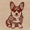Ornate Floral Pattern Dog Illustration Illustrative image of a sitting Welsh Corgi surrounded by ornate floral patterns.