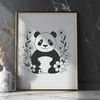 Simple black and white illustration of a panda bear in a natural environment.