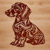 A stylized illustration of a sitting dachshund with ornate details.