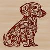 Whimsical Dachshund Illustration A seated Dachshund surrounded by floral patterns and ornaments.