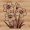 An isolated illustration of a daffodil plant in bloom featuring three flowers on a stalk with green leaves.