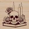 Ethereal Skull Illustration with Rose and Candle A detailed illustration of a Gothic-style skull with a candlelit background and a rose in the foreground.