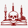 Beautiful SVG Design of a Skull with Book and Flowers A stylized illustration of a skull surrounded by candles and roses, with a book lying nearby.