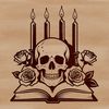 Candlelit Skull Silhouette with Book and Rose A Gothic-style skull with a single candle flame burning on its forehead, surrounded by a book and a rose.