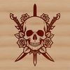 Ornate Gothic Skull with Dagger and Rose A stylized, ornate skull with a dagger buried in its forehead, surrounded by a rose.