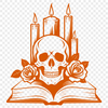 Stylized Skull in Gothic Decor A stylized illustration of a skull surrounded by a rose, with a candle or lantern placed nearby, in a Gothic-inspired design.