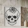 Gothic Rose Skull Icon A stylized gothic skull adorned with a single rose, suitable for various design and crafting applications.