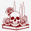 Gothic Skull Illustration with Floral Elements A stylized illustration of a Gothic-style skull surrounded by decorative elements, including a rose.