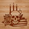Gothic Skull Illustration with Candles and Rose A detailed illustration of a Gothic-style skull surrounded by candles and a rose, suitable for crafting and design projects.