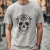 Beautiful Skull Design with Rose Motif Gothic-style skull illustration with a floral design incorporating a rose motif, suitable for various applications.