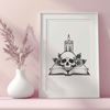 Free Vector Art - Beautiful Gothic Style Skull A detailed illustration of a Gothic-style skull surrounded by a book and a rose, suitable for various digital applications.