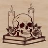 Spooky Skull Decoration Gothic design element featuring a stylized skull surrounded by a rose, suitable for Halloween decorations or projects.