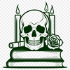 A stylized Gothic skull with a rose placed on top, set against a dark background.