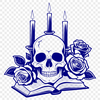 Gothic Floral Skeleton Illustration A stylized illustration of a Gothic skull surrounded by a flame-lit atmosphere with a rose and an open book nearby.