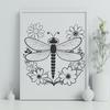 Floral Elements Dragonfly Design Vector An illustration of a dragonfly surrounded by floral elements in vector format.