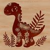 A colorful illustration of a baby dinosaur surrounded by lush greenery and flowers.