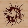 A prehistoric dino smashing through a wall in bold, vector art style.