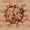 A prehistoric triceratops bursting through a brick wall in a vector illustration.