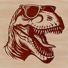 A prehistoric dinosaur, a Tyrannosaurus Rex, wearing sunglasses in a stylized illustration.
