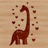 A prehistoric brachiosaurus with love hearts surrounding its body.