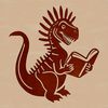 A prehistoric dinosaur reading a book in a fun and educational setting.