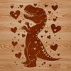 A prehistoric T Rex dinosaur illustration featuring love hearts in a playful design.