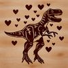 A prehistoric T rex dinosaur with love hearts surrounding its body.