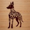 Free Doberman Pinscher clip art with ornate background A detailed vector illustration of a Doberman Pinscher standing upright with ornate floral patterns in the background.