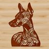 Ornate Doberman Head Vector Art A detailed illustration of a Doberman Pinscher's head, suitable for digital design and cutting machine projects.