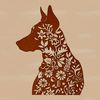 Doberman Pinscher Head Illustration with Floral Patterns A detailed vector illustration of a Doberman Pinscher's head featuring ornate floral patterns.