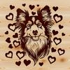 A portrait of a Shetland Sheepdog's head, designed as vector art with stylized love hearts.