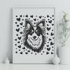 Shetland Sheepdog Silhouette with Love Hearts Shetland Sheepdog breed dog portrait featuring heart accents around the head.