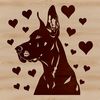 An illustration of a Great Dane's face with heart motifs incorporated into the design.