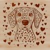 A portrait of a Weimaraner dog with heart accents around its face.