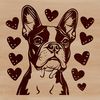 Vector graphic design of a cute Boston Terrier's head featuring heart details.
